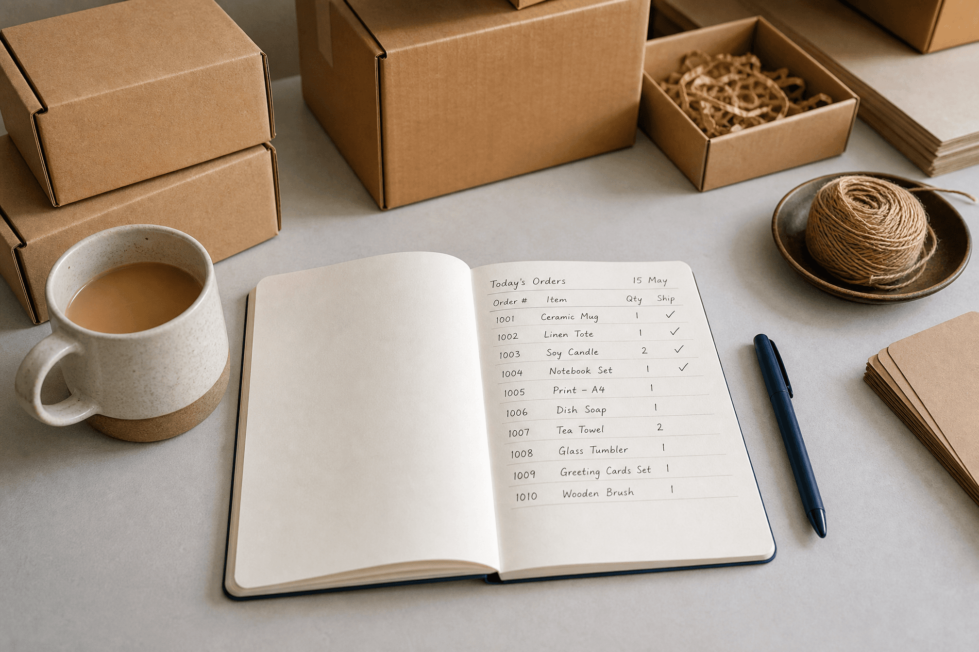 A notebook listing a day's orders beside kraft parcels