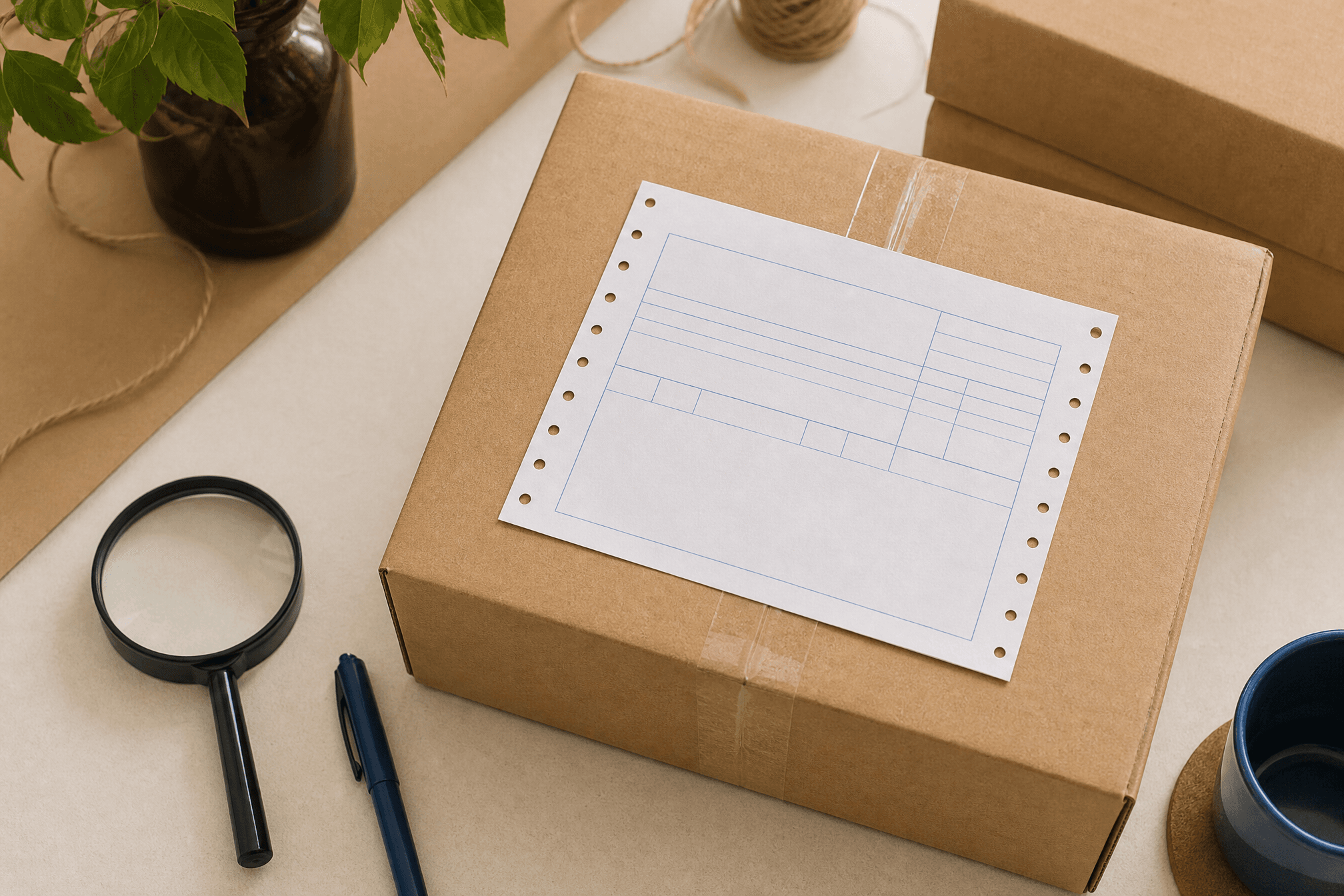 A blank customs declaration slip on an international kraft parcel