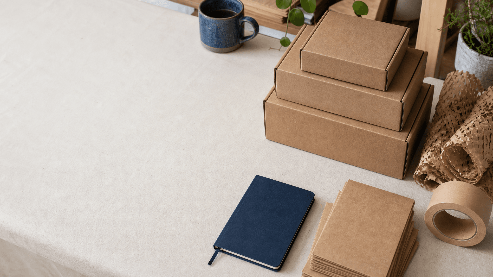 A calm packing bench with stacked kraft boxes, paper void fill and an ink-blue notebook